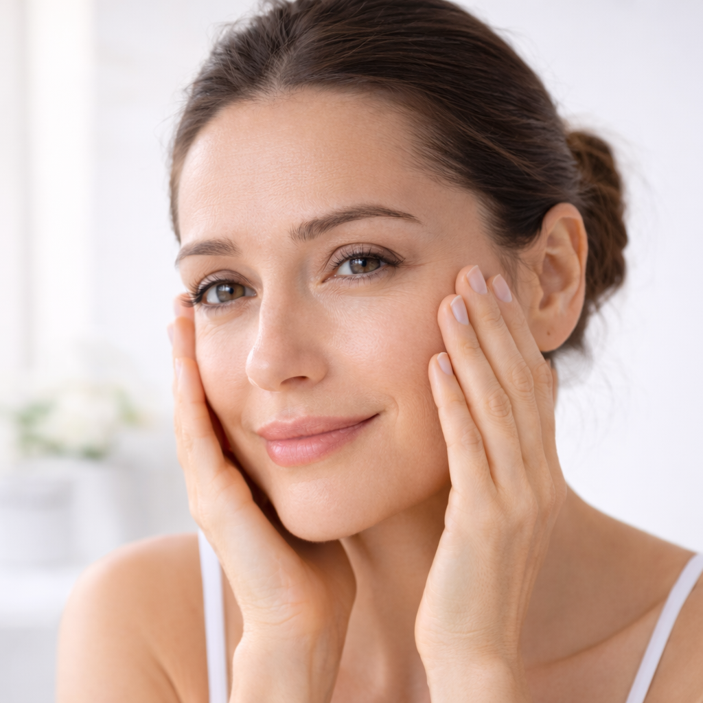 Woman with smooth skin touching her face against a white background
