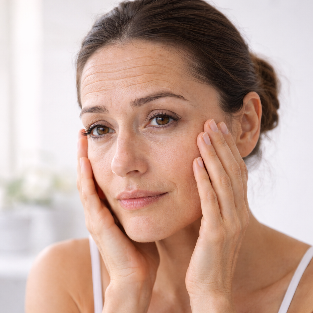 Woman touching her face with a blurred background