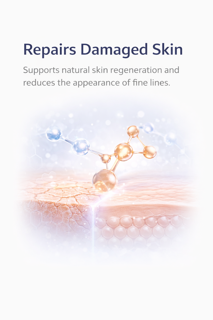 Advertisement for skin repair product with molecular structure and text on a white background