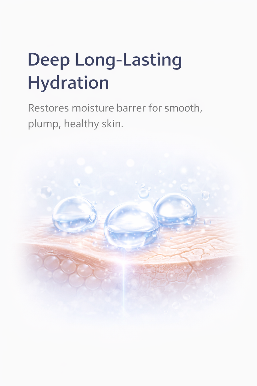 Text about deep long-lasting hydration with water droplets and skin texture on a light background.