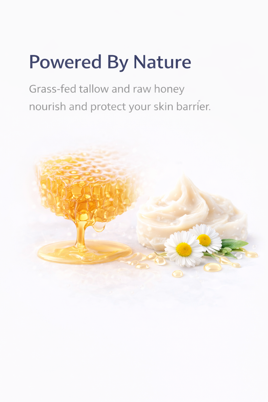 Product display with honeycomb, cream, and daisy on a white background with 'Powered By Nature' text.
