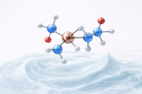 Molecular structure model with colored atoms on a water surface