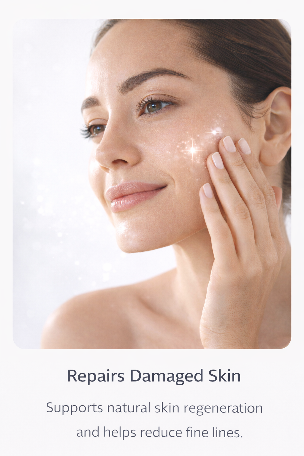 Woman applying skincare product with text about skin repair and regeneration.
